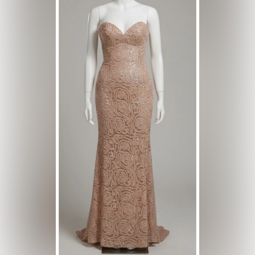 Sequin Strapless Evening Gowns Womens Peach Roses Elegant Formal  Party Size 11